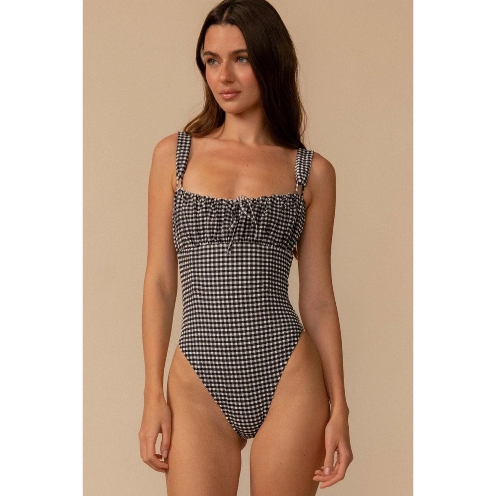 Montce Black & White Gingham Victoria One-Piece Swimsuit High Cut Ruched Large